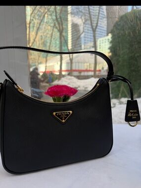 Prada Black Saffiano Shoulder Bag with Gold Hardware
